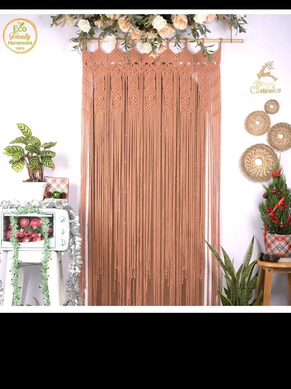 Boho Macramé Curtain Panel - Peach Cotton Fringe Drapery